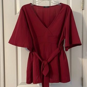 SHEIN Plus Bell Sleeve Tie Waist Smock Top